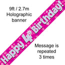 9FT BANNER HAPPY 4TH BIRTHDAY PINK HOLOGRAPHIC