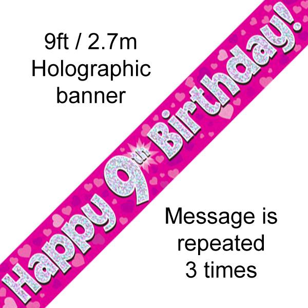 9FT BANNER HAPPY 9TH BIRTHDAY PINK HOLOGRAPHIC