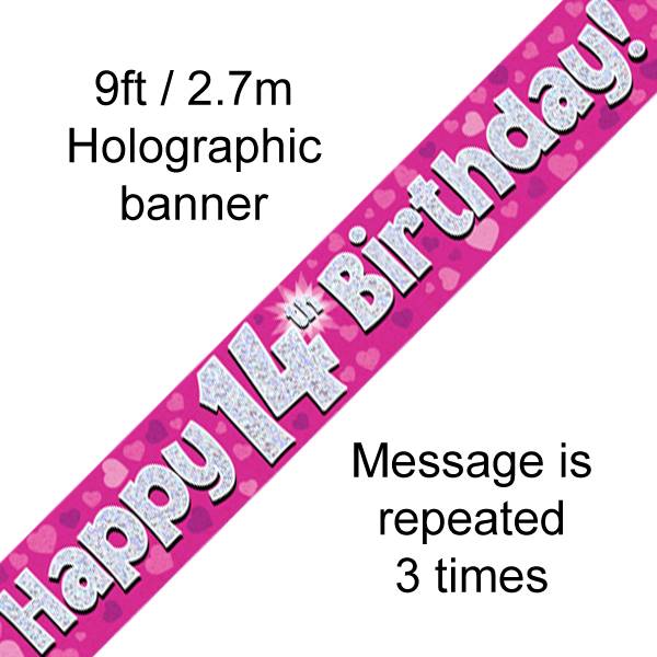 9FT BANNER HAPPY 14TH BIRTHDAY PINK HOLOGRAPHIC