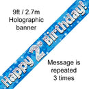9FT BANNER HAPPY 2ND BIRTHDAY BLUE HOLOGRAPHIC