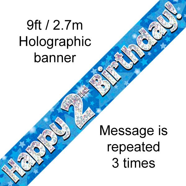 9FT BANNER HAPPY 2ND BIRTHDAY BLUE HOLOGRAPHIC