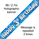 9FT BANNER HAPPY 3RD BIRTHDAY BLUE HOLOGRAPHIC