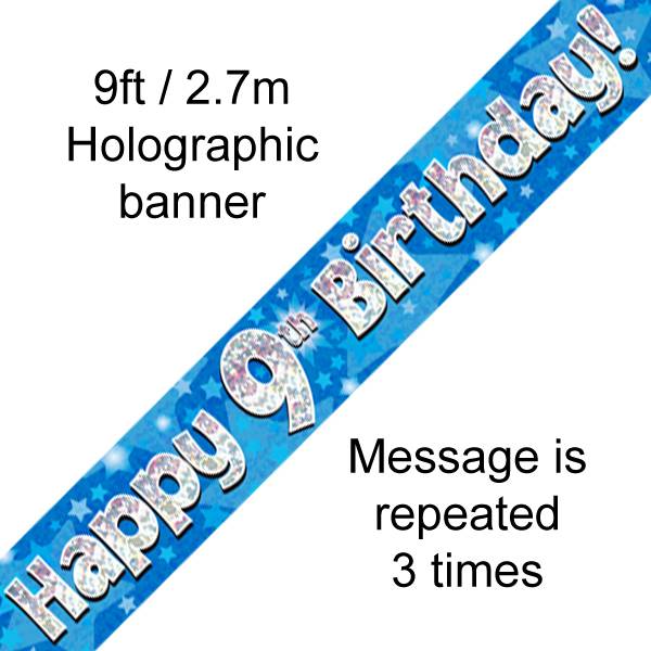 9FT BANNER HAPPY 9TH BIRTHDAY BLUE HOLOGRAPHIC