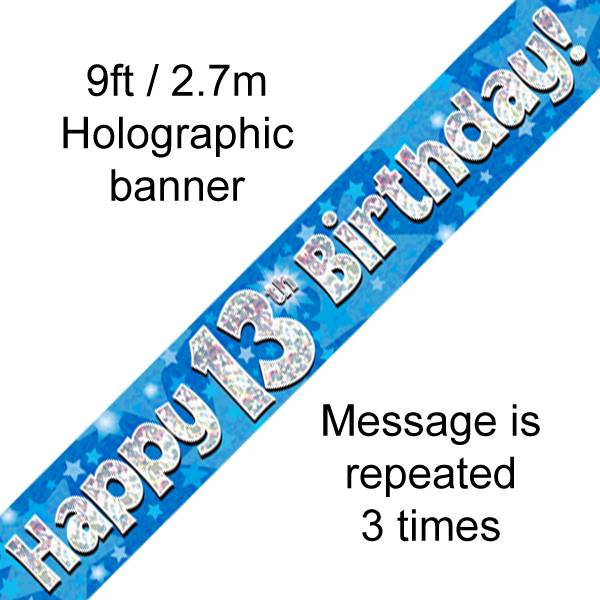 9FT BANNER HAPPY 13TH BIRTHDAY BLUE HOLOGRAPHIC