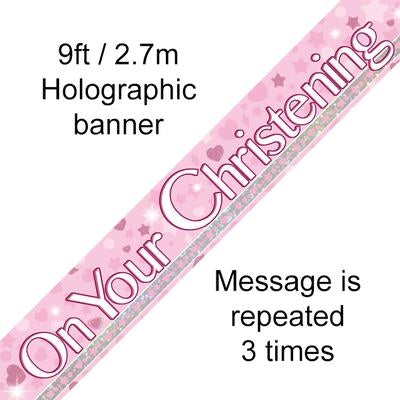 BANNER 9FT CHRISTENING PINK HOLOGRAPHIC DOT