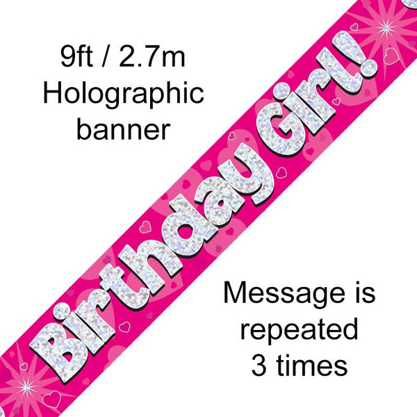 BANNER 9FT BIRTHDAY GIRL PINK HOLOGRAPHIC