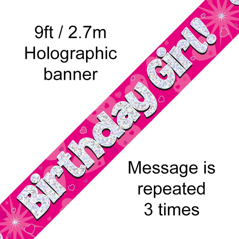 BANNER 9FT BIRTHDAY GIRL PINK HOLOGRAPHIC