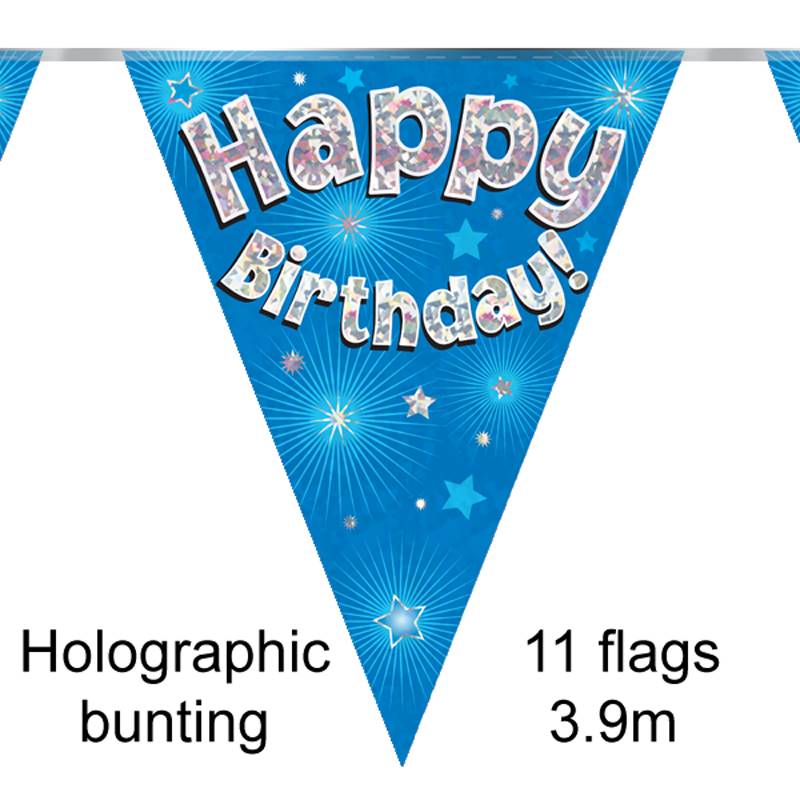 BUNTING HAPPY BIRTHDAY BLUE HOLOGRAPHIC 11 FLAGS 3.9M