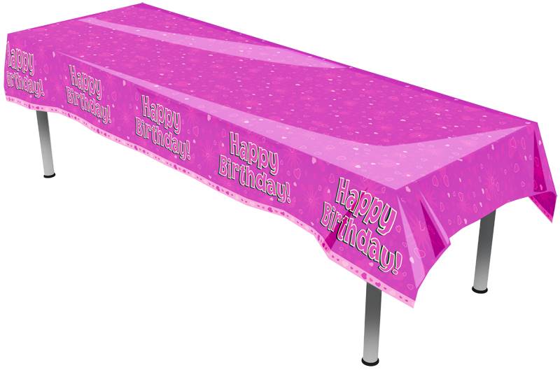 HAPPY BIRTHDAY PINK COLOURFAST PLASTIC TABLE COVER 137CM X 2.6M 1PC