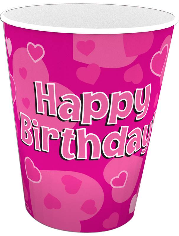 HAPPY BIRTHDAY PINK 9OZ/266ML CUPS 8PCS