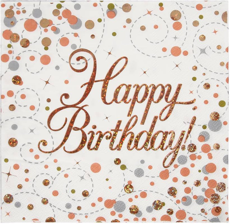 NAPKINS HAPPY BIRTHDAYSPARKLING FIZZ ROSE GOLD 33CM X 33CM 3-PLY 16PCS
