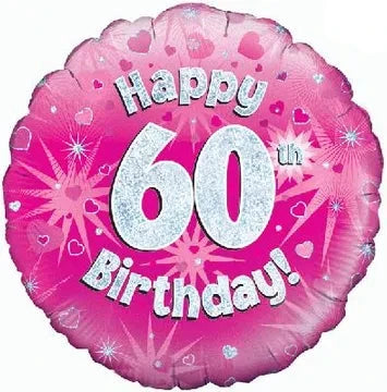 18" HAPPY 60TH BIRTHDAY PINK HOLOGRAPHIC FOIL