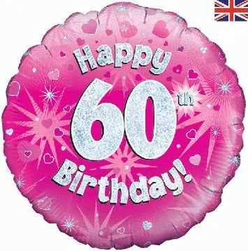 18" HAPPY 60TH BIRTHDAY PINK HOLOGRAPHIC FOIL
