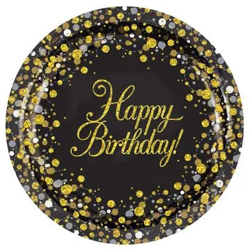 PLATES HAPPY BIRTHDAY SPARKLING FIZZ BLACK & GOLD 9" 23CM 8PCS